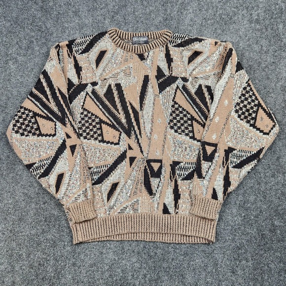 Ellis Island Other - Vintage Ellis Island Sweater Mens XL Tan Black Abstract 3D Knit Coogi Style 90s
